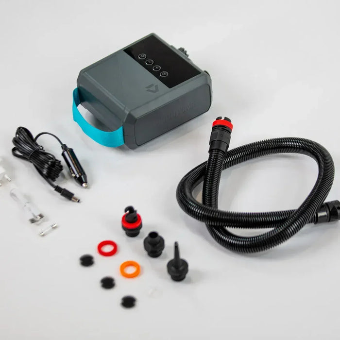 Duotone electric kite pump with blue handle, hose, adapters, and power cables for watersports.