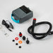 Duotone electric kite pump with blue handle, hose, adapters, and power cables for watersports.