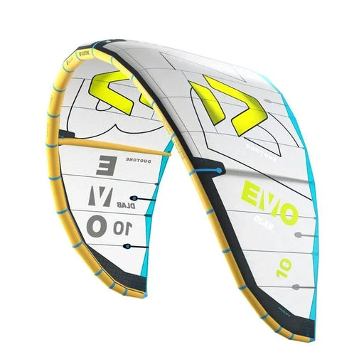 Duotone EVO D/LAB 2026 kitesurfing kite in white, yellow, and blue color scheme