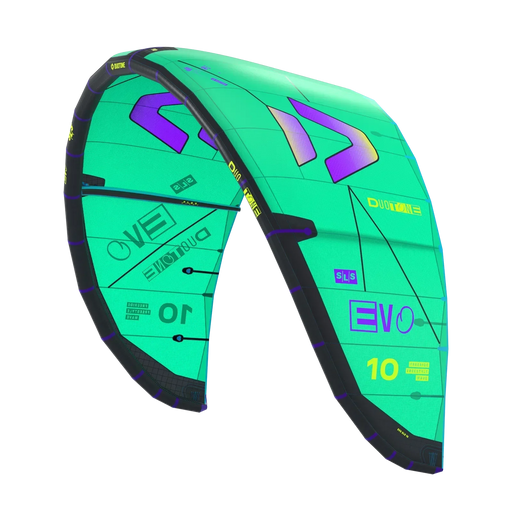 Duotone Evo SLS turquoise kitesurfing kite with purple and yellow accents, size 10