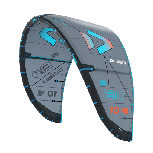Duotone Evo SLS grey and blue kitesurfing kite with orange accents, size 10m