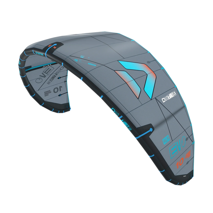Duotone Evo SLS 2026 grey and blue kitesurfing kite with bold logo and aerodynamic design
