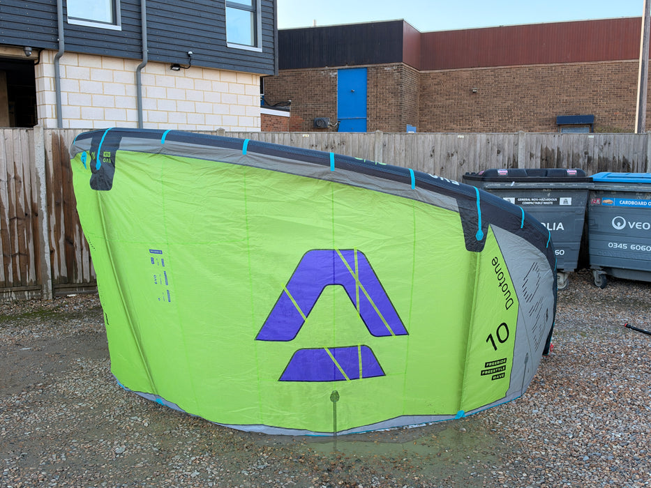 Duotone Evo SLS 10m canopy showing the purple Duotone logo on light lime
