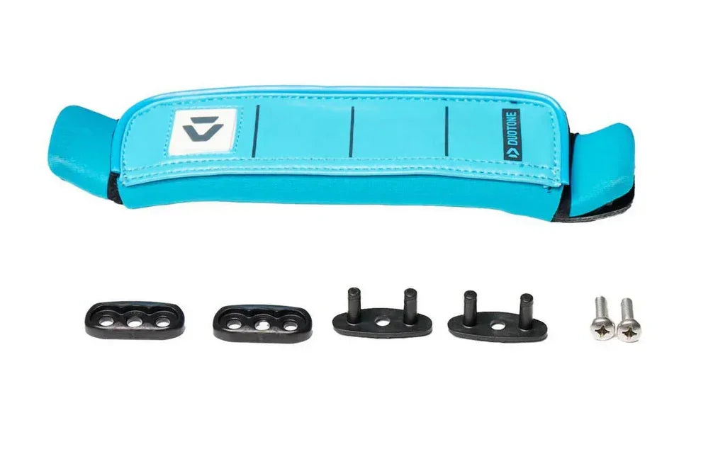 Duotone blue kiteboard footstrap with mounting hardware, ideal for kitesurfing boards