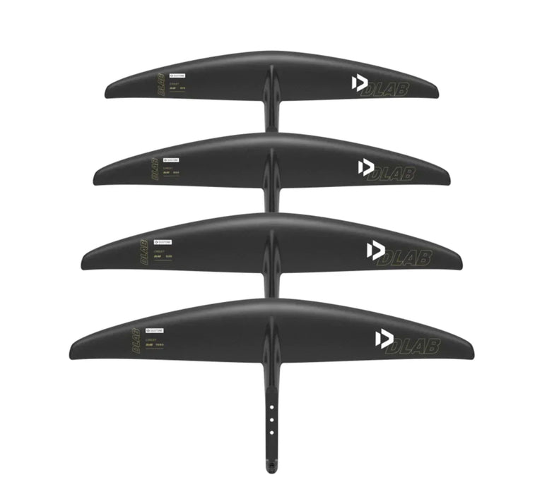 Duotone DLAB black front wing foil for wing foiling, shown in four sizes on white