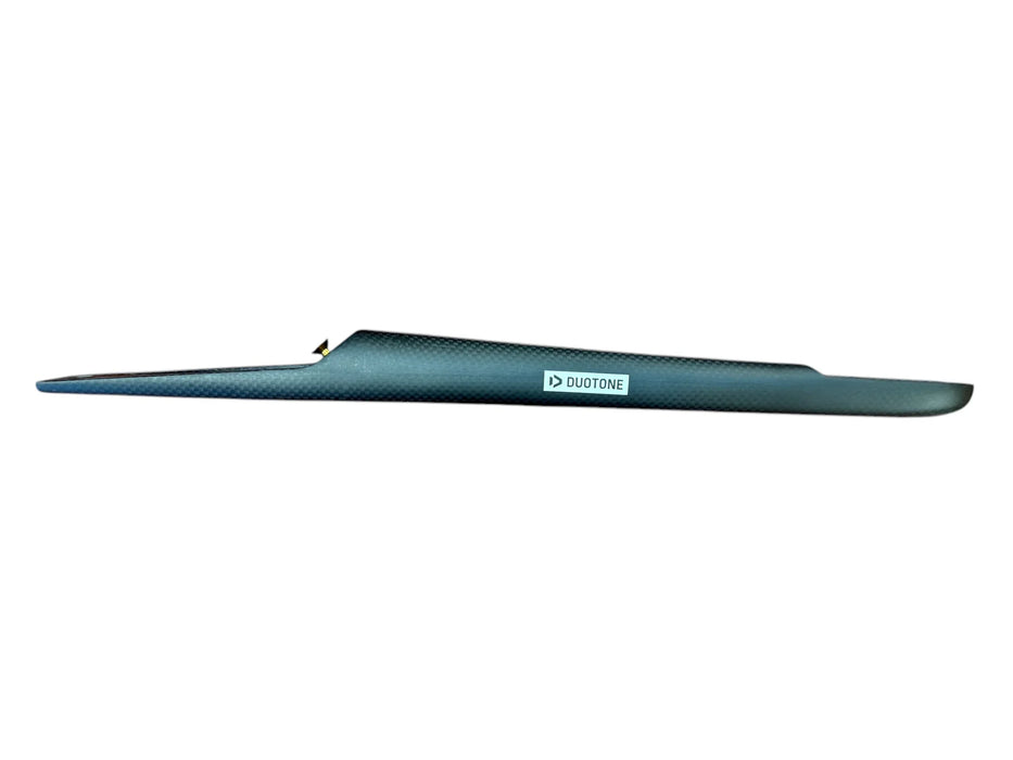Duotone carbon fibre foil fuselage for wing foiling, sleek black design, side view.