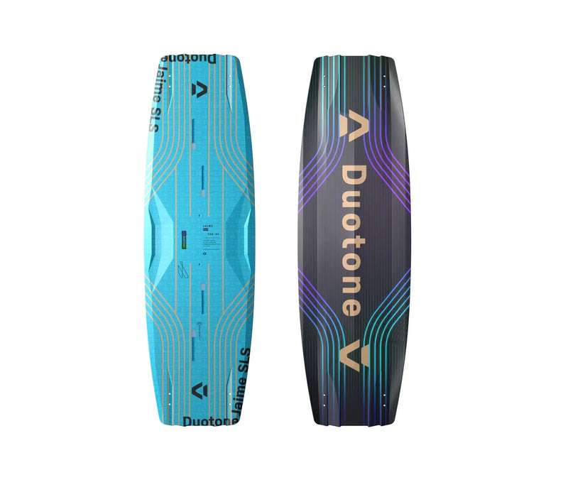 Duotone Jaime SLS kitesurfing kiteboard in blue and black with gold and purple accents