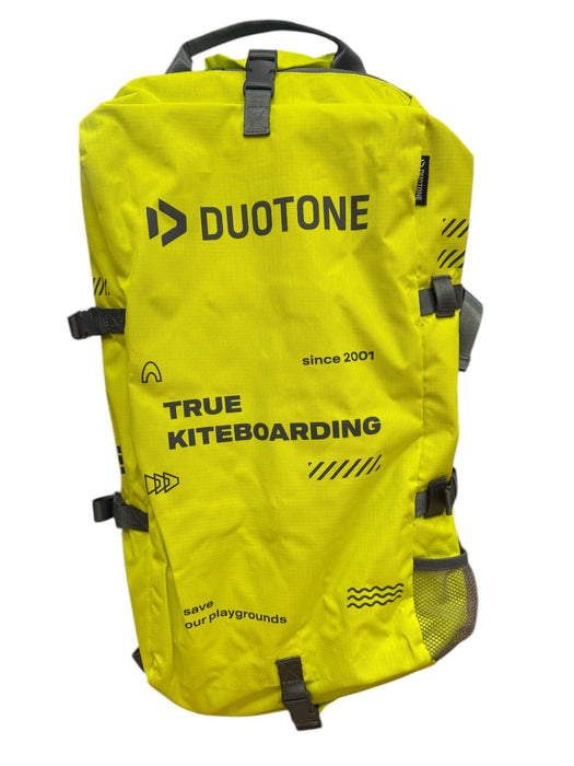Duotone yellow kitesurfing kite bag with black straps and mesh pocket, XL size