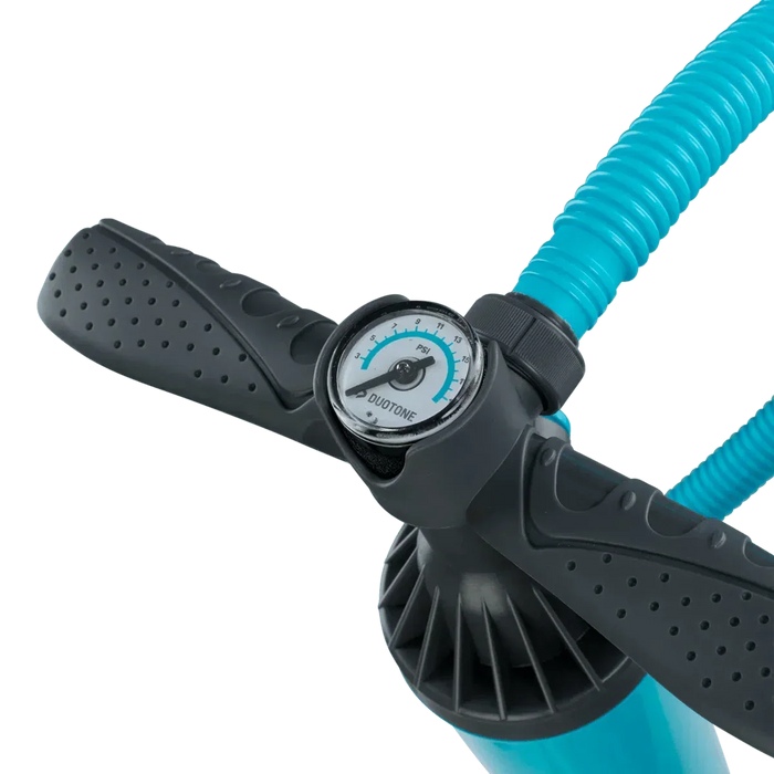 Duotone SUP pump with pressure gauge and blue hose, ergonomic black handles