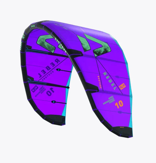 Duotone Rebel SLS purple kitesurfing kite with bold graphics and size 10 marking