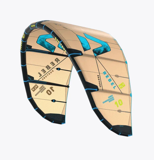 Duotone Rebel SLS beige and blue kitesurfing kite with 10 SQM marking, watersports equipment