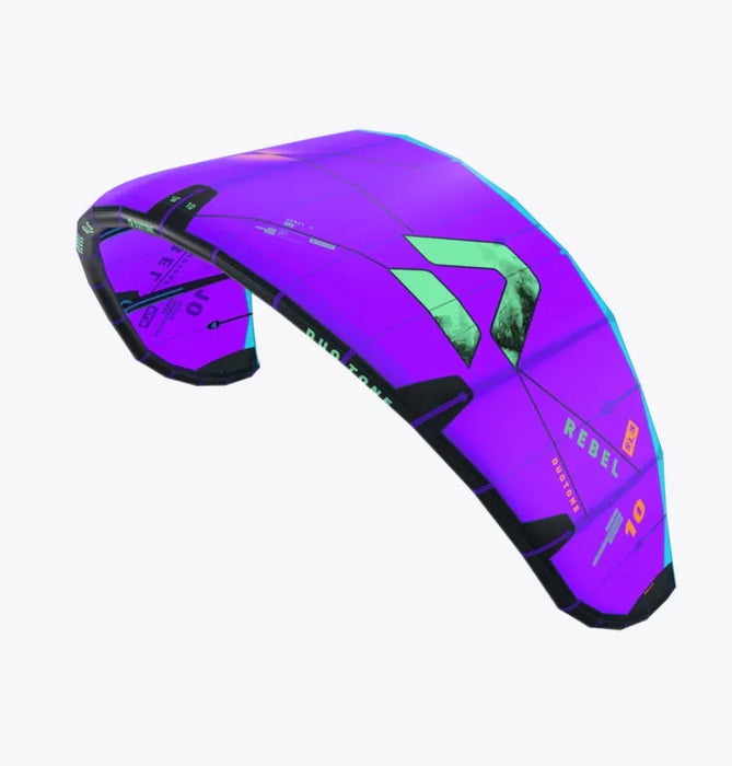 Duotone Rebel SLS 2026 purple kitesurfing kite with green accents