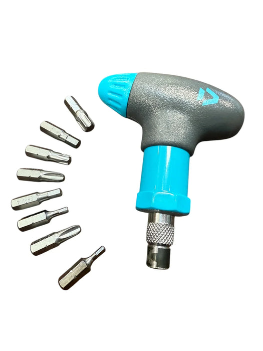 Duotone blue and grey ratchet screwdriver multi-tool with seven interchangeable bits