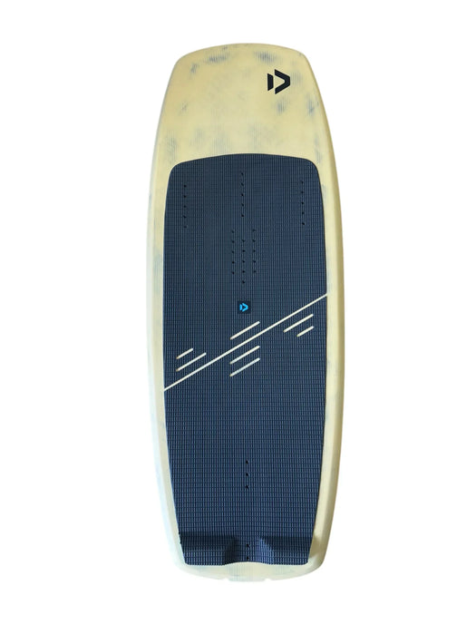 Duotone kite foil board with blue grip pad and cream edges, top view