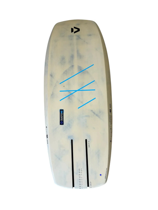 Duotone Soar kite foil board, white with blue lines, for kitesurfing and wing foiling