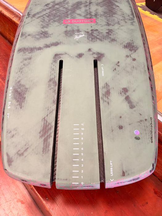 Used 2027 Duotone Soar SLS 3'7 kitefoil board underside and adjustable foil tracks