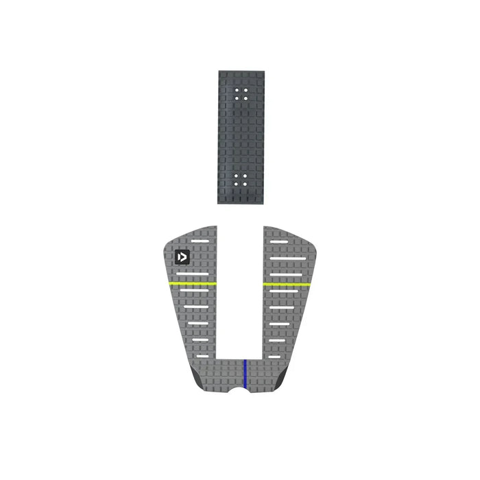 Duotone grey traction pad and footstrap for surfboard with yellow and blue accents