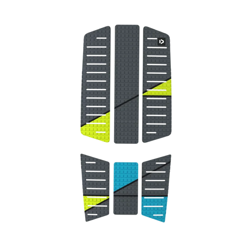 Duotone grey surfboard traction pad set with yellow and blue accents, textured surface