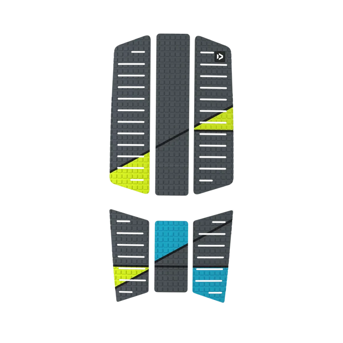 Duotone grey surfboard traction pad set with yellow and blue accents, textured surface