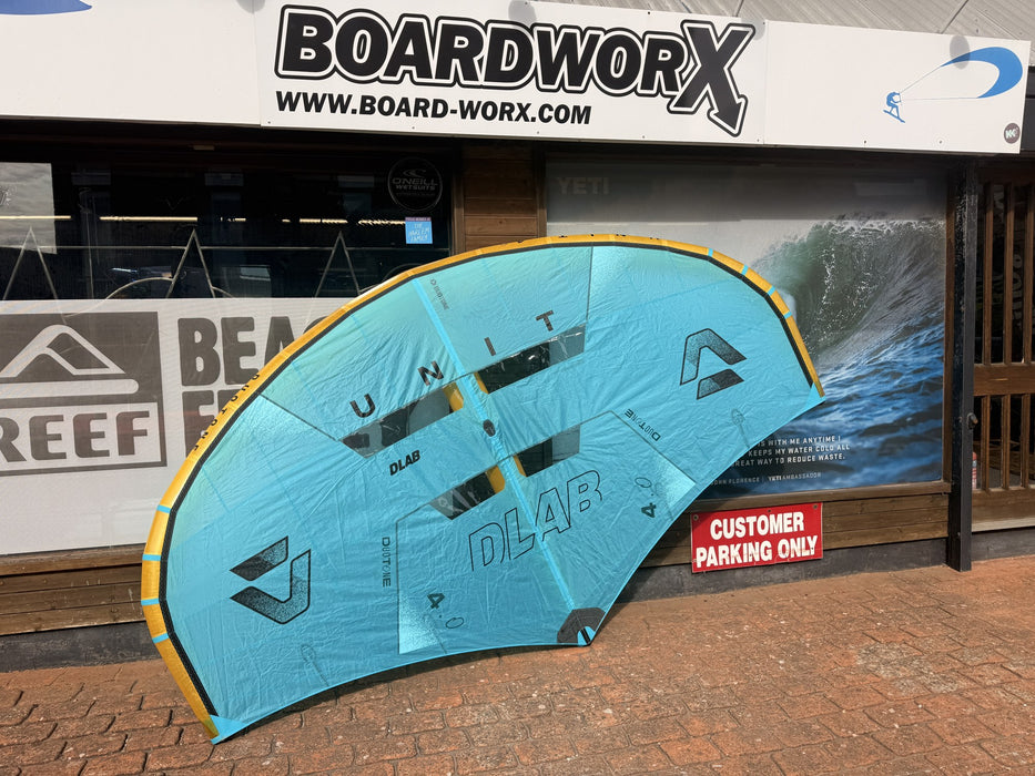 Used 2026 Duotone Unit D/LAB 4.0m wing foil wing, full turquoise canopy, outside Board-Worx Whitstable