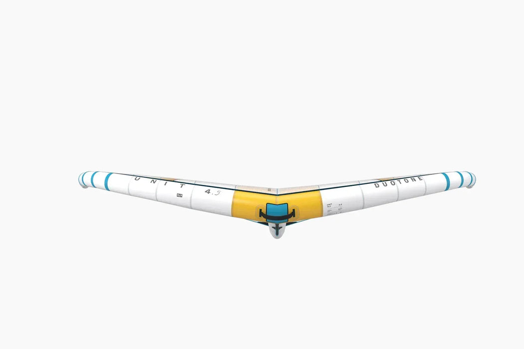 Duotone Unit wing foil SLS in white, yellow, and blue, viewed from the front