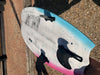 Underside of the Duotone Volt D/LAB 5'1 kite surfboard with DLAB branding and fins
