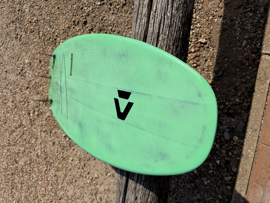 Underside of the Duotone Whip SLS 5'1 kite surfboard, green with Duotone logo