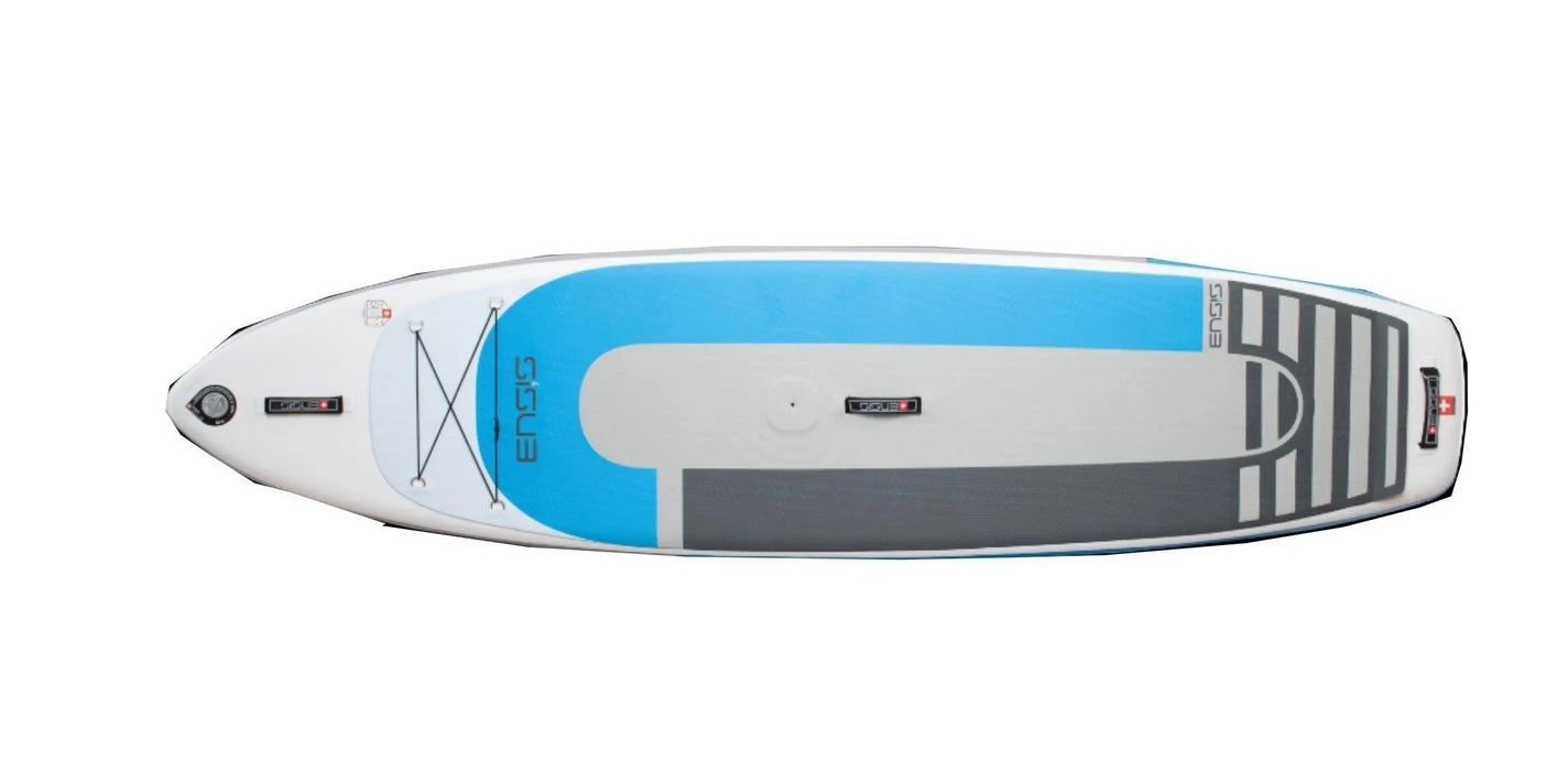 ENSIS Windsurf Wing Surf SUP paddleboard in blue and grey with deck bungee cords