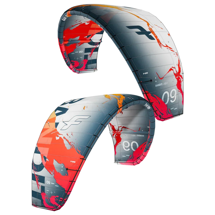 F-One Bandit kitesurfing kite with grey, orange, and red design, size 9m visible.