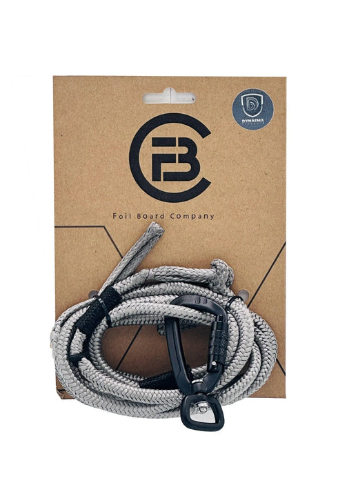 FB Dynema grey wing foil leash with hook, coiled on cardboard packaging
