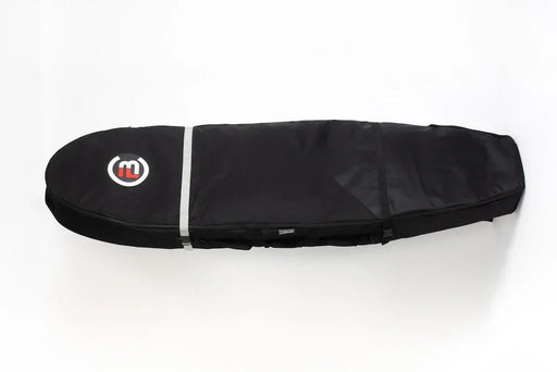 Black FBC mid-length downwind board travel bag with logo and white stripe, for surfboards.