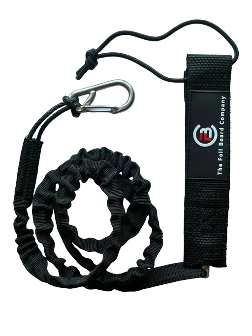 Black Foil Board Company parawing board leash with carabiner and logo visible.