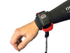 Foil Board Company black wing wrist leash with red strap on wetsuit sleeve