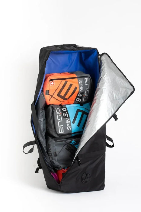 Black Core branded wing sports bag with orange, blue, and grey ENSIS wing foils inside