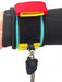 Close-up of FBC wing foil wrist leash with red strap, black Velcro, and yellow trim on wetsuit sleeve