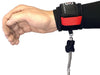 Black and red wrist wing foil leash with logo, worn on hand, braided rope attachment.