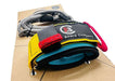 FBC Board Company wrist wing foil leash with yellow, red, and blue padded strap on retail packaging.
