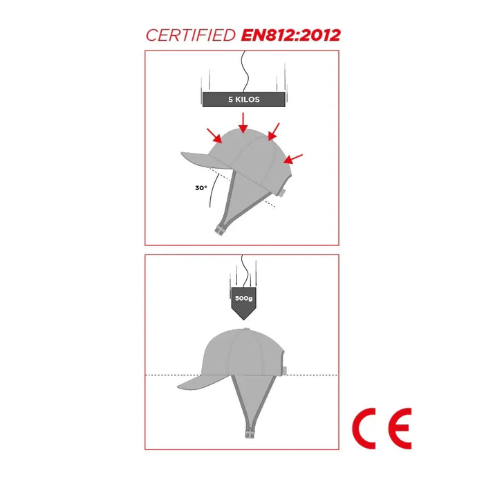 Grey surf cap with brim, impact-tested to EN812:2012 safety standard, CE certified.