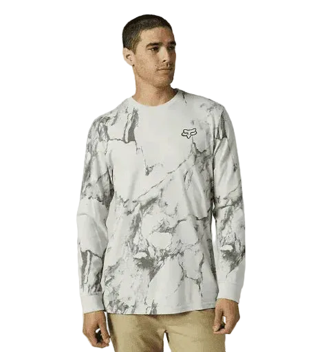 Fox Karrera long sleeve tee in light grey with marble pattern, worn by male model
