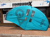 Used GA Wings Cross 6.2 2023 wingfoil wing — full canopy view outside Boardworx, teal and slate blue colourway