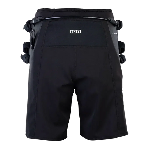 ION B2 black kitesurfing kite seat harness with adjustable straps, rear view