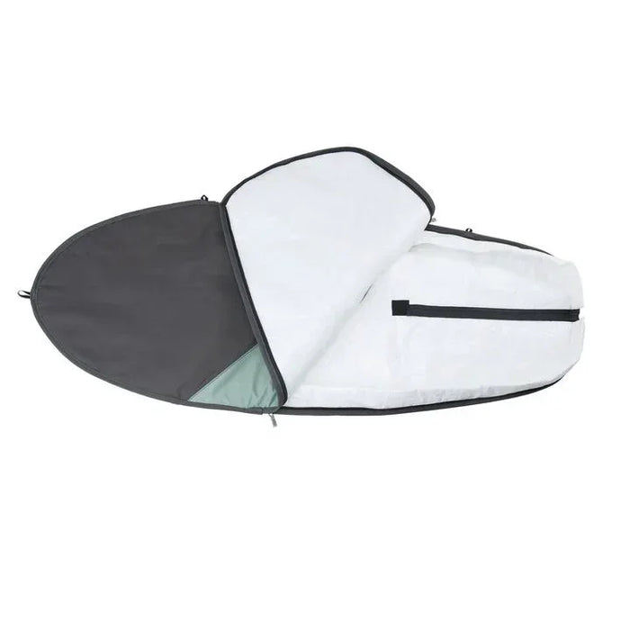 ION Core Slim mid-length wing foil board bag, grey and white, open to show padded interior