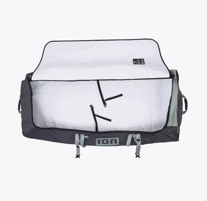 ION Core wheeled kite travel gear bag, grey with black straps, open to show spacious interior