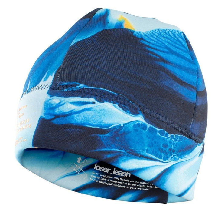 ION Neoprene Grace Wetsuit Beanie in blue, close-up with visible seam and 'loser leash' text