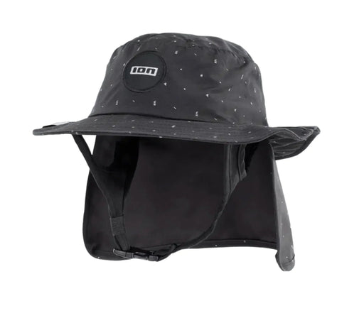ION black water hat with neck flap and chin strap, designed for watersports protection.