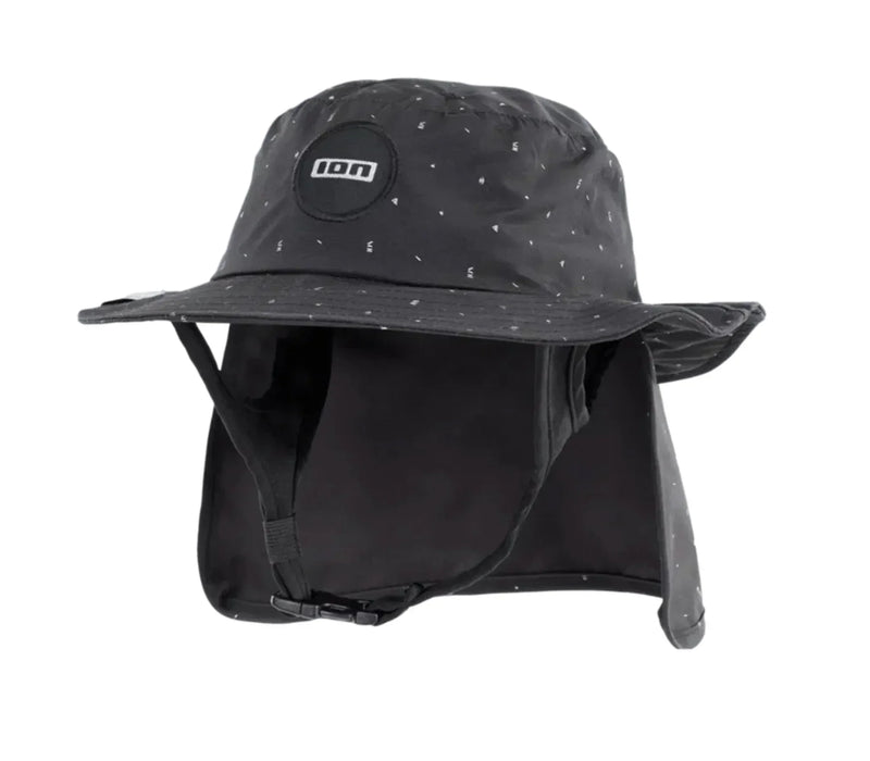 ION black water hat with neck flap and chin strap, designed for watersports protection.