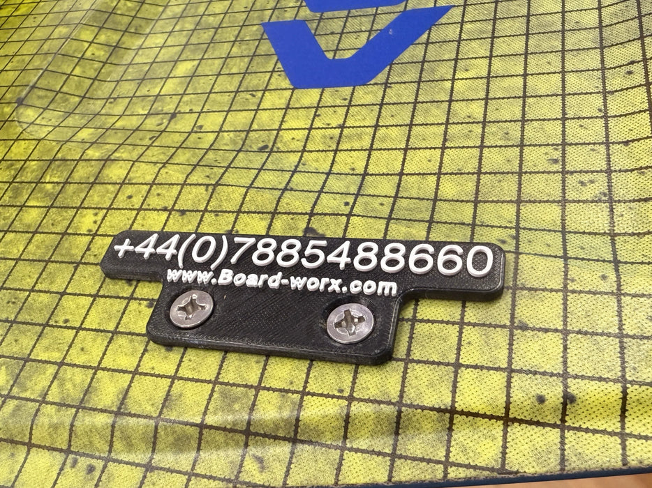 3D-printed PETG name and phone plate for kitesurf boards