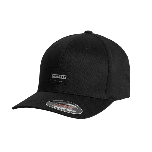 Mystic black Flexfit cap with brand patch, surf and watersports clothing accessory