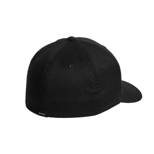 Mystic black Flexfit cap with curved peak, rear view, watersports surf hat
