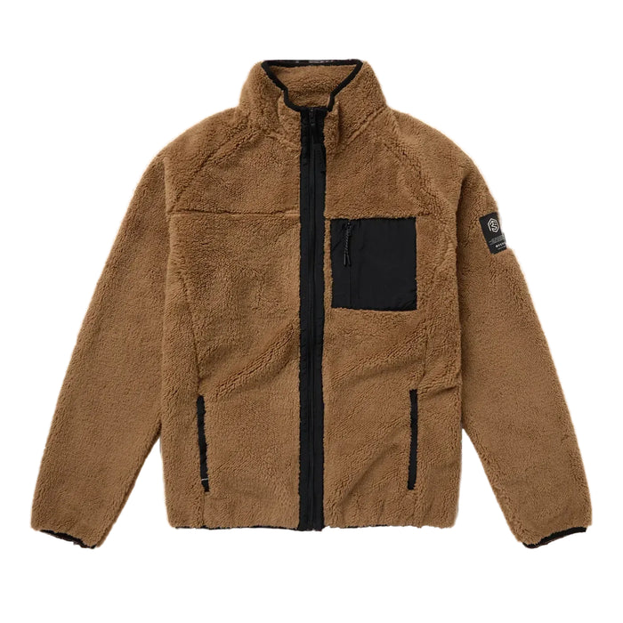 Mystic brown zip-thru fleece jacket with black chest pocket, watersports clothing